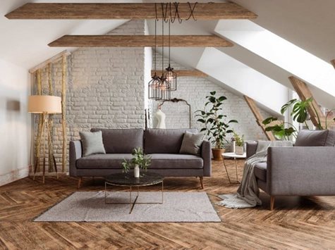 Wood beams across an asymmetrical vaulted ceiling